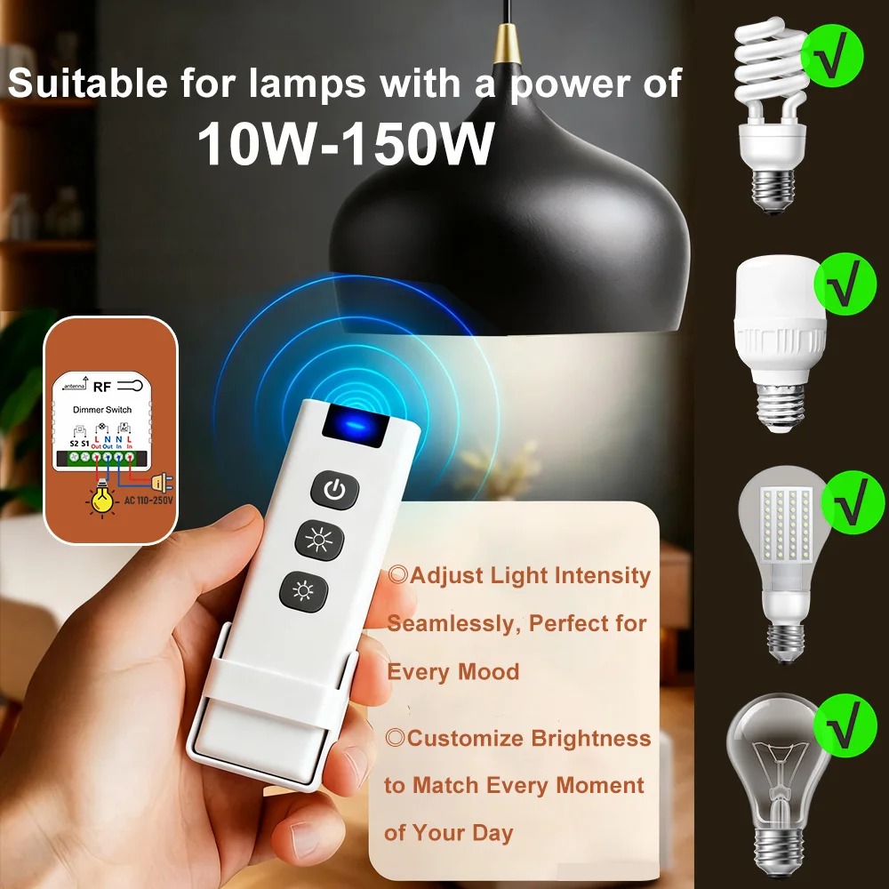 RF 433Mhz Wireless Light Dimmer Switch Remote Control Customize Brightness 110V 220V 10A Controller for LED and Halogen 10W-150W