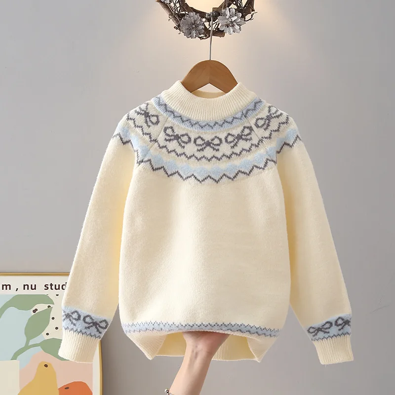 Knitted Base Layer Top Older Girl Kids Fleece-Lined Thickened Winter Sweater Teenager Girls' Crew Neck Gradient Textured Sweater