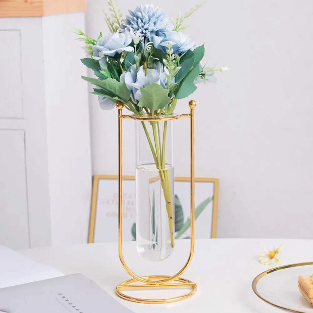 1Set Water-Cultivation Glass Vase Modern Test Tube Shape Metal Stand Desktop Flower Vessel Decorative Floral Display