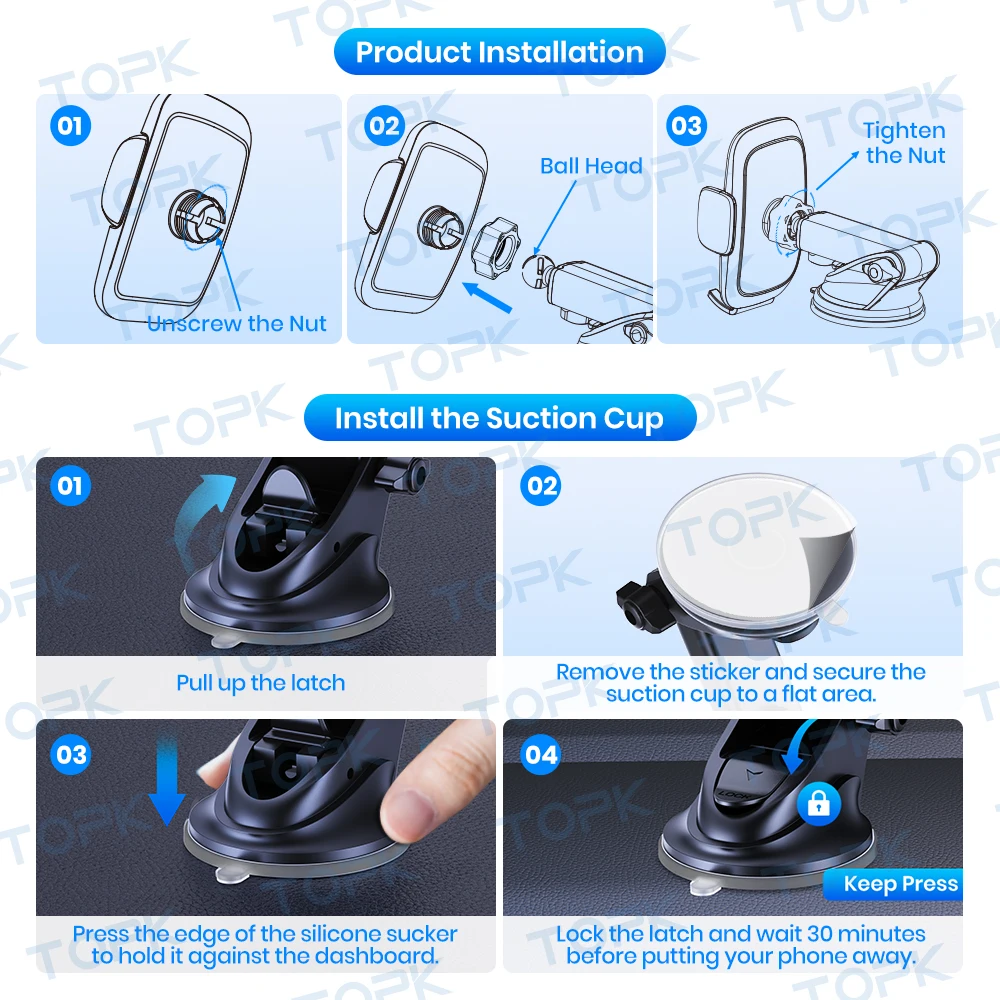 TOPK Universelle Auto-Handyhalterung mit Saugnapf, Ständer und Halterung für Armaturenbrett und Windschutzscheibe, iPhone, Samsung, Xiaomi, Mobiltelefon – Detail 8