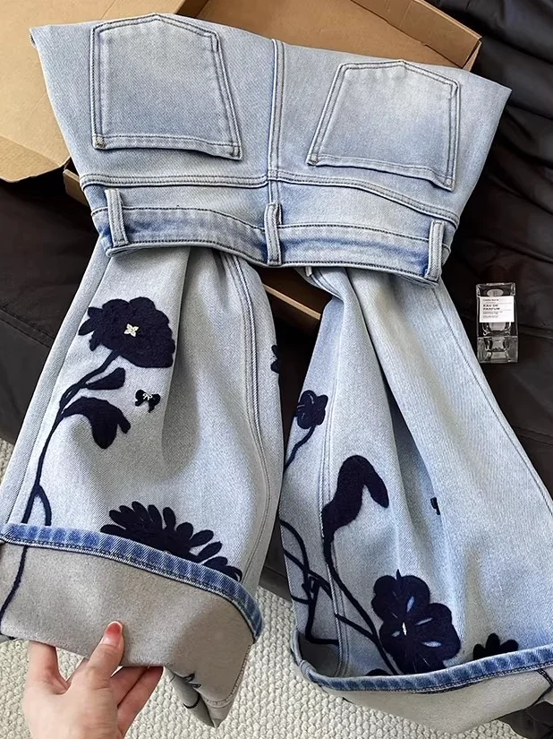 

Retro American Casual Embroidered High Waist Wide Leg Jeans Hong Kong Sle Spring New Arrival Women's Denim Pants