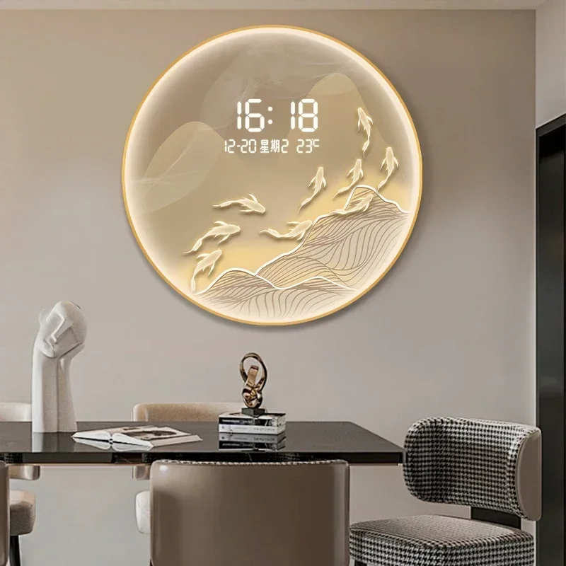 Round nine fish decorative painting with clock new digital display induction clock living room entrance hanging painting