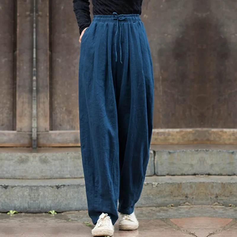 

Pop Women's Cotton Linen Baggy Cargo Pants Vintage Elastic Waist Yoga Trousers Loose Casual Long Wide Leg Slacks
