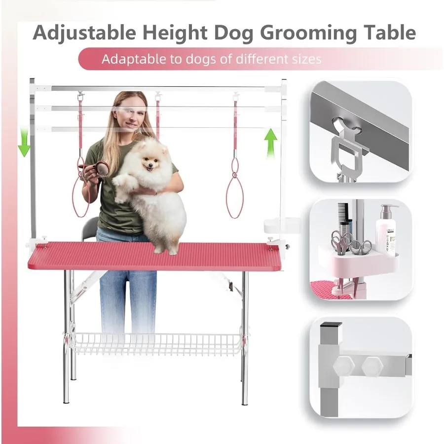 47'' Foldable Dog Grooming Table for Large Dogs at Home with Adjustable Arm and Clamp Non-Slip Waterproof Top Mesh Tray and Too