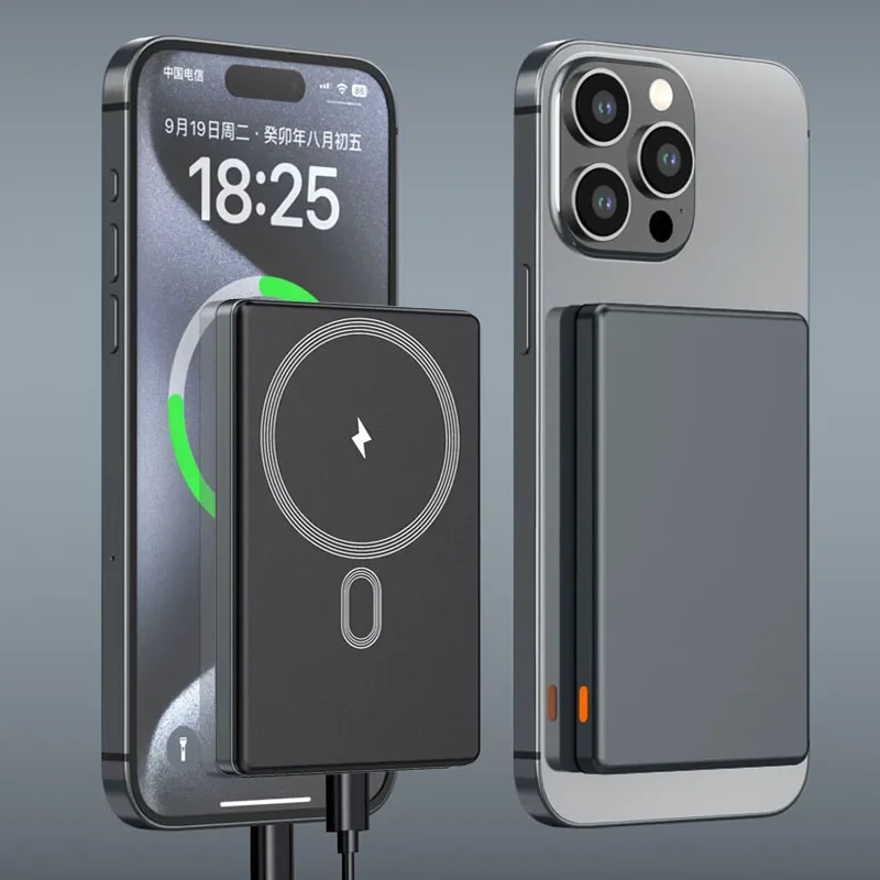 

Ультратонкое беспроводное магнитное зарядное устройство Power Bank 15 Вт 5000 мАч USB C с быстрой зарядкой PD20W Внешняя батарея для iPhone Samsung Xiaomi