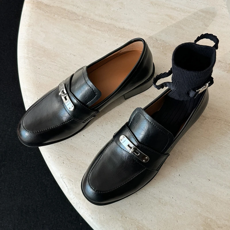 Silver Lock Buckle Thick Bottom Black Leather Women Shoes Round Toe Thick Heels Oxford Loafers Platform British Shoes for Woman