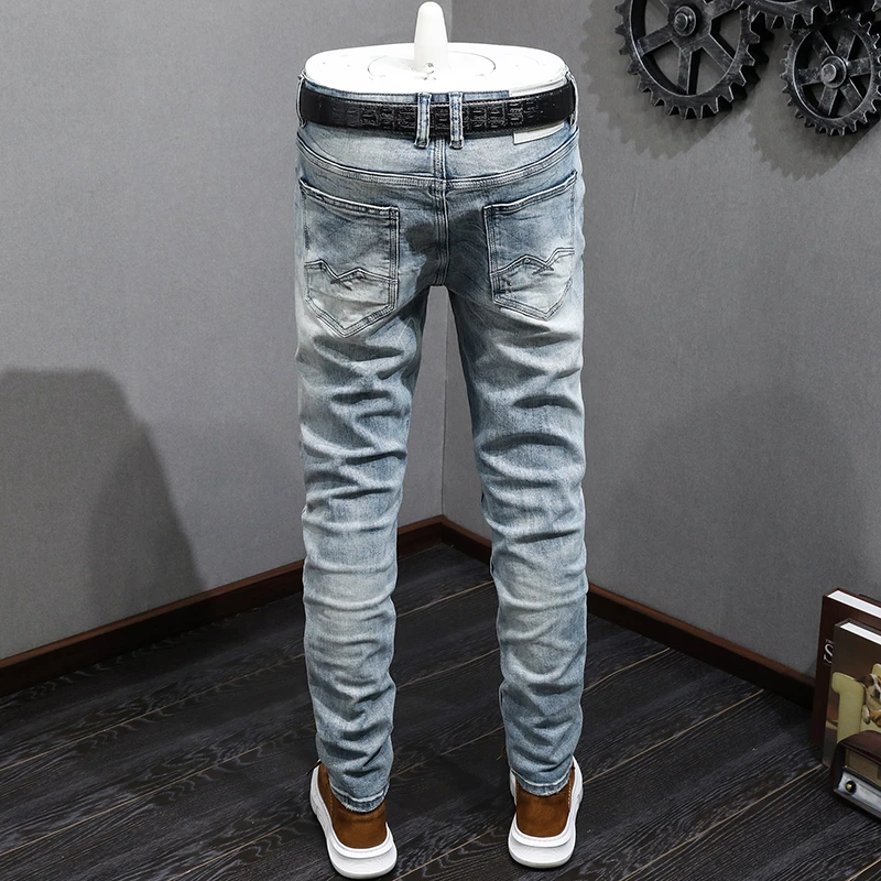 Italian retro new fashion designer embroidery men's jeans retro blue elastic Slim small straight men's pants casual jeans Hombre