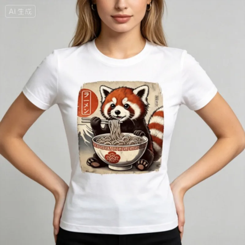 Cute Red Panda Eating Ramen T Shirt Kawaii Animal Graphic Tee Japanese Food Print Summer Top Funny Casual Shirt For Women Men