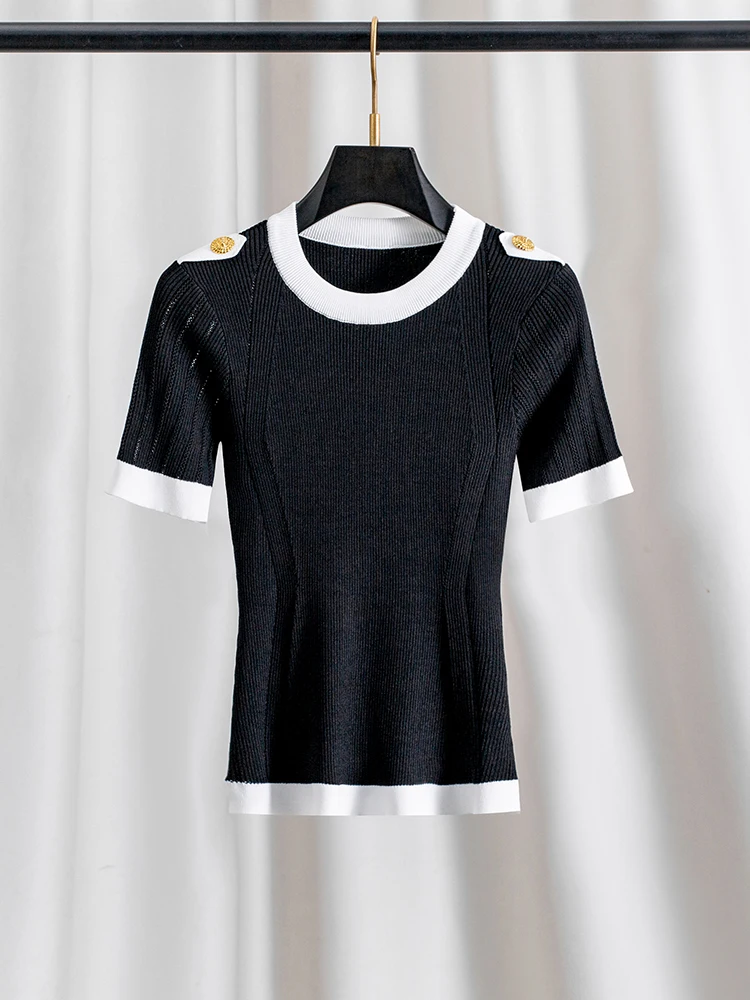 

Slim Fit Ice Silk Knitted ort Sve round Ne Top with Curved Beads Bla White Contrast Color Blo Summer Women's Faion