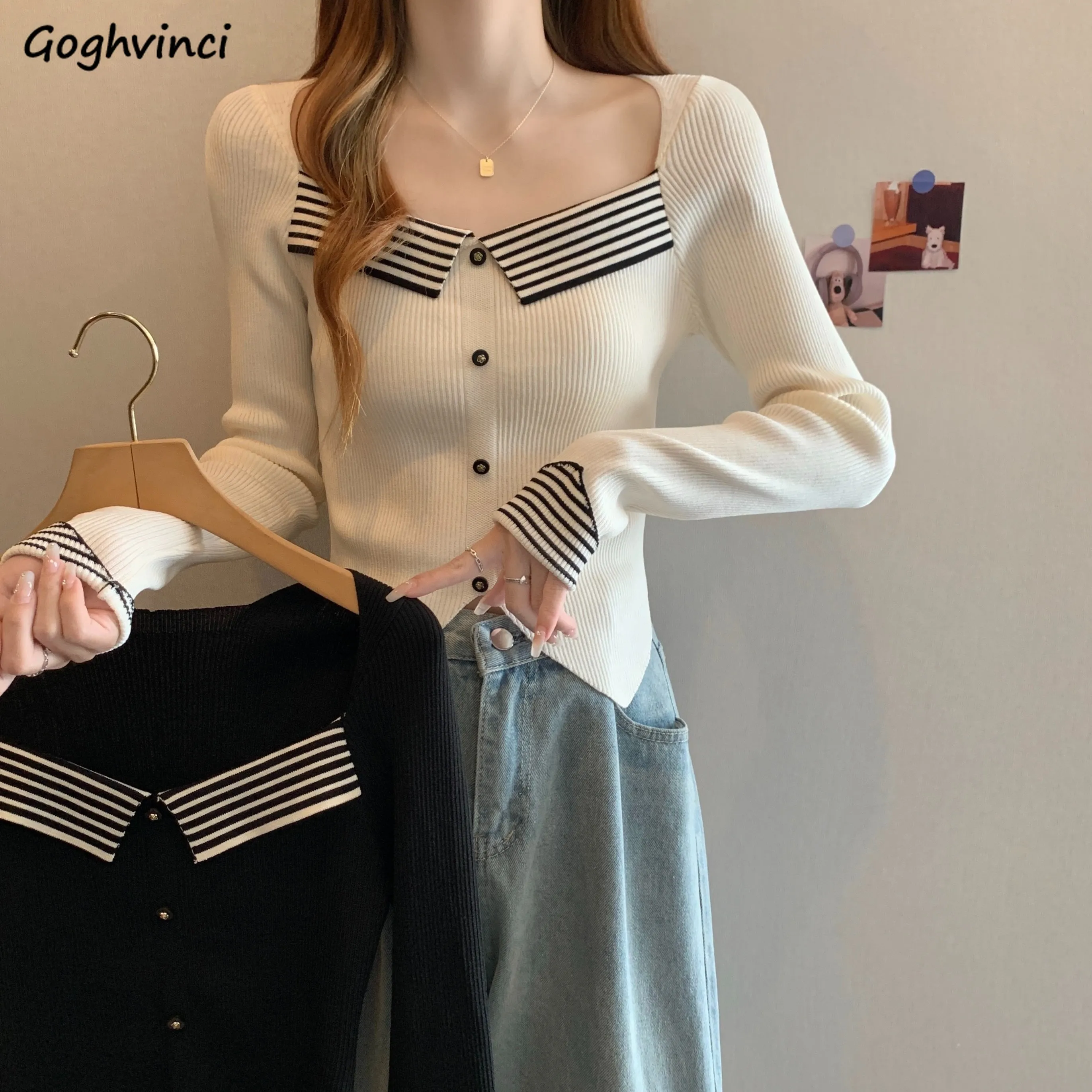 Long Sleeve Knitted Cardigan Women Slim Square Collar Button-up Irregular All-match Korean Style Classic Aesthetic Jumpers 2024