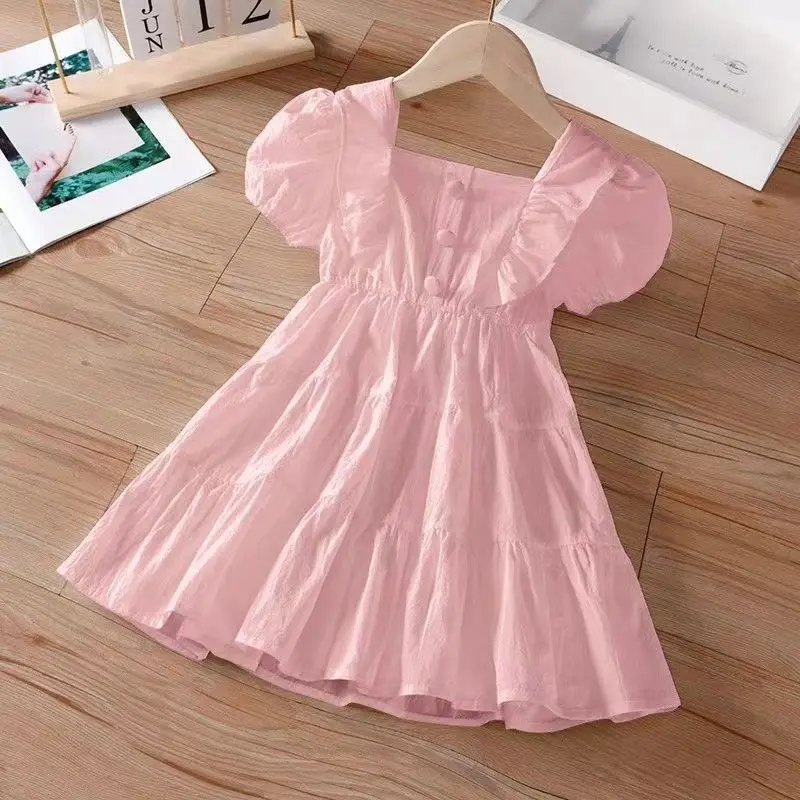 New Summer Girls Dress Baby Kids Casual Party Wedding Princess Short Sleeve Dresses Toddler Clothes Children Tops White Pink