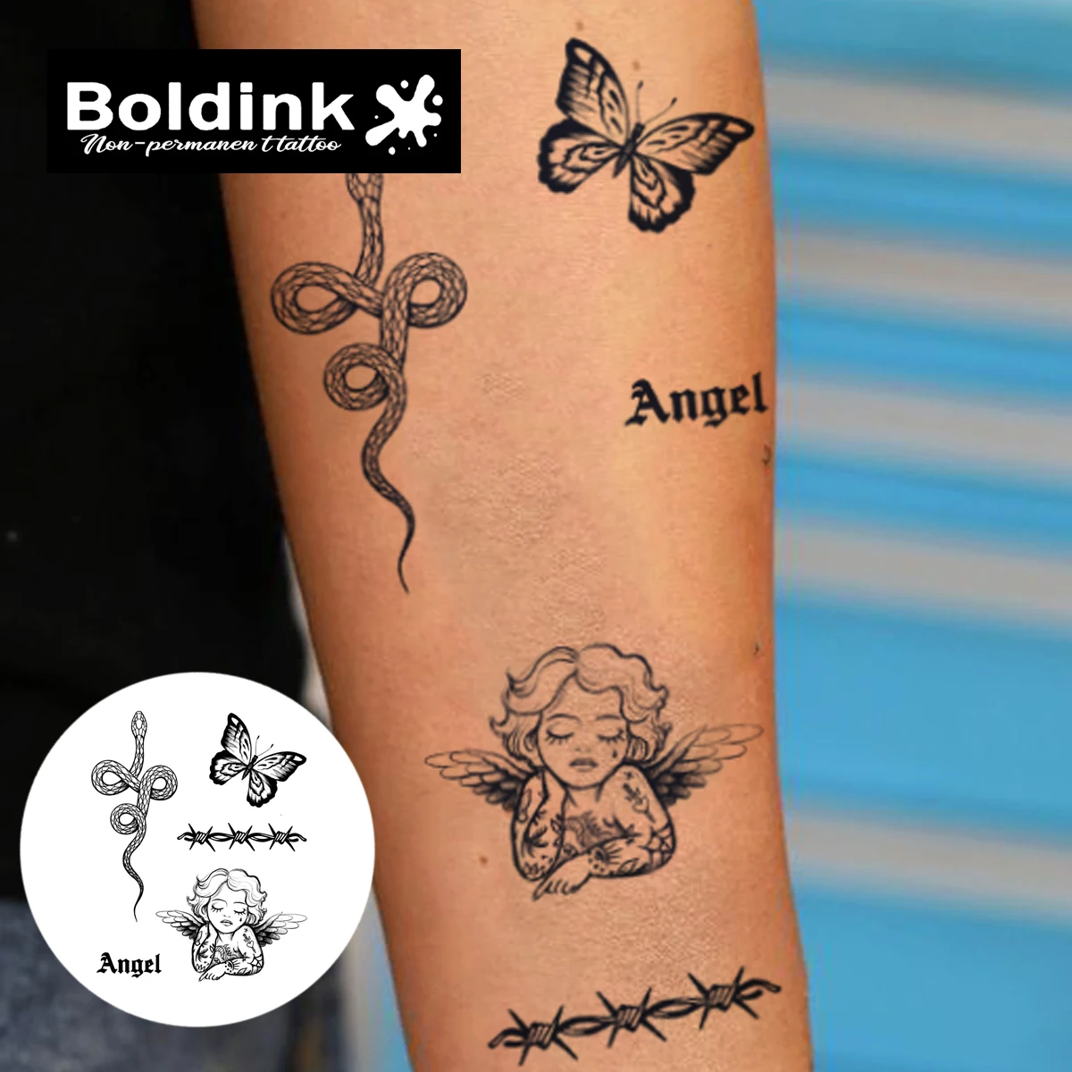 Boldink Angel Snake Barbed Butterfly Temporary Tattoo,Lasts To 15 Days New Technology Magic Waterproof Semi Permanent Sticker.