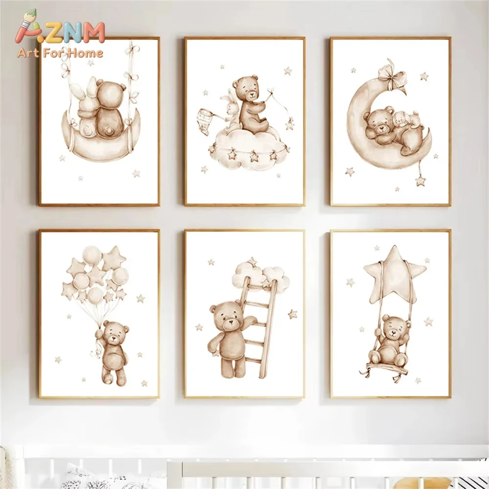 Star Cloud Moon Rabbit Bear Wall Art Print Canvas Painting Nursery Posters And Prints Nordic Wall Pictures Baby Kids Room Decor