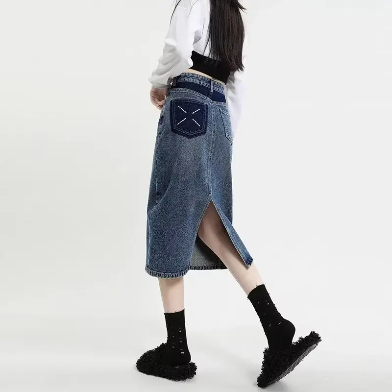 

Pop Fashionable High-waisted Slimming A- Line Denim Skirt For Women Medium-length Side Slit Color Blocking Trendy For Summer