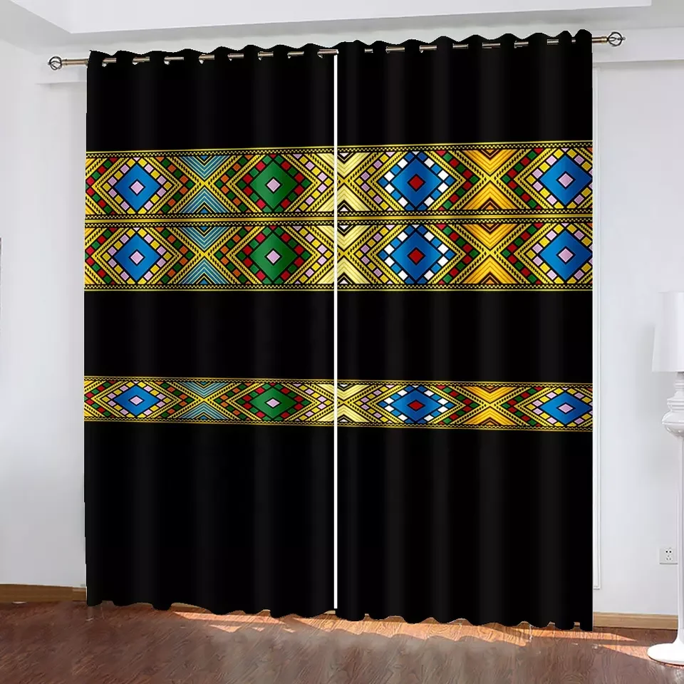 

Ethiopian Eritrean Thin 2 Panle 3D Saba Telet Design Light Filtering Curtains for Living Room Bedroom Kitchen Window Drape Decor