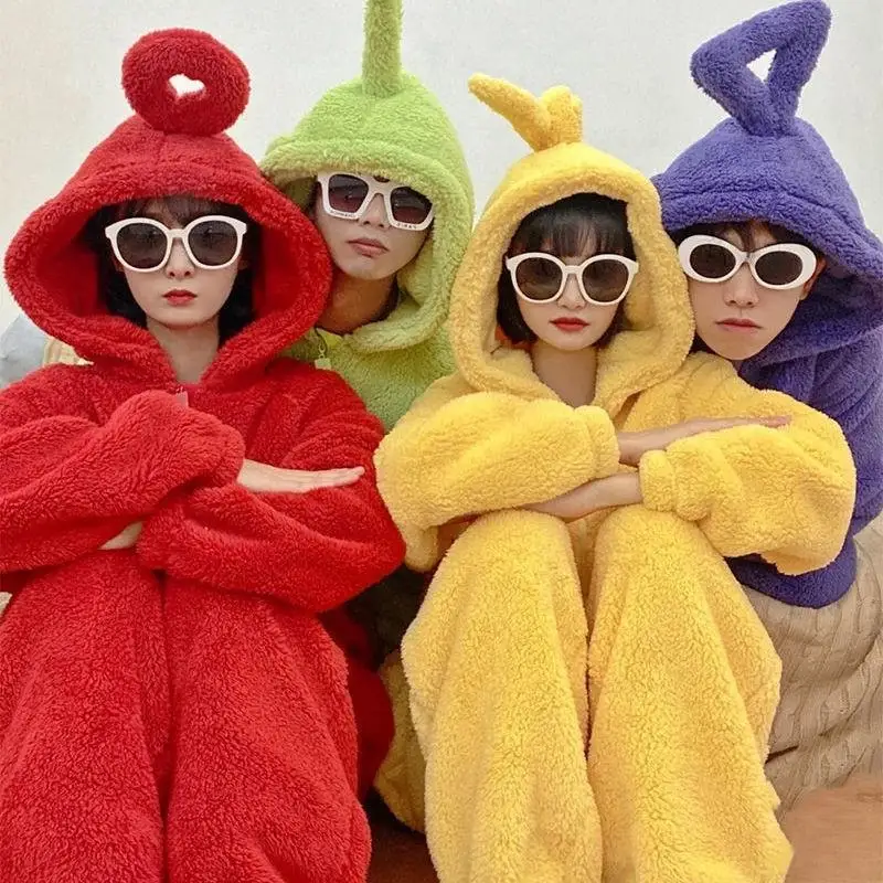 

Kawaii Teletubbiess, новая цельная пижама из кораллового флиса с капюшоном, мультяшная ролевая игра, Laalaas, теплая и удобная домашняя одежда для пар