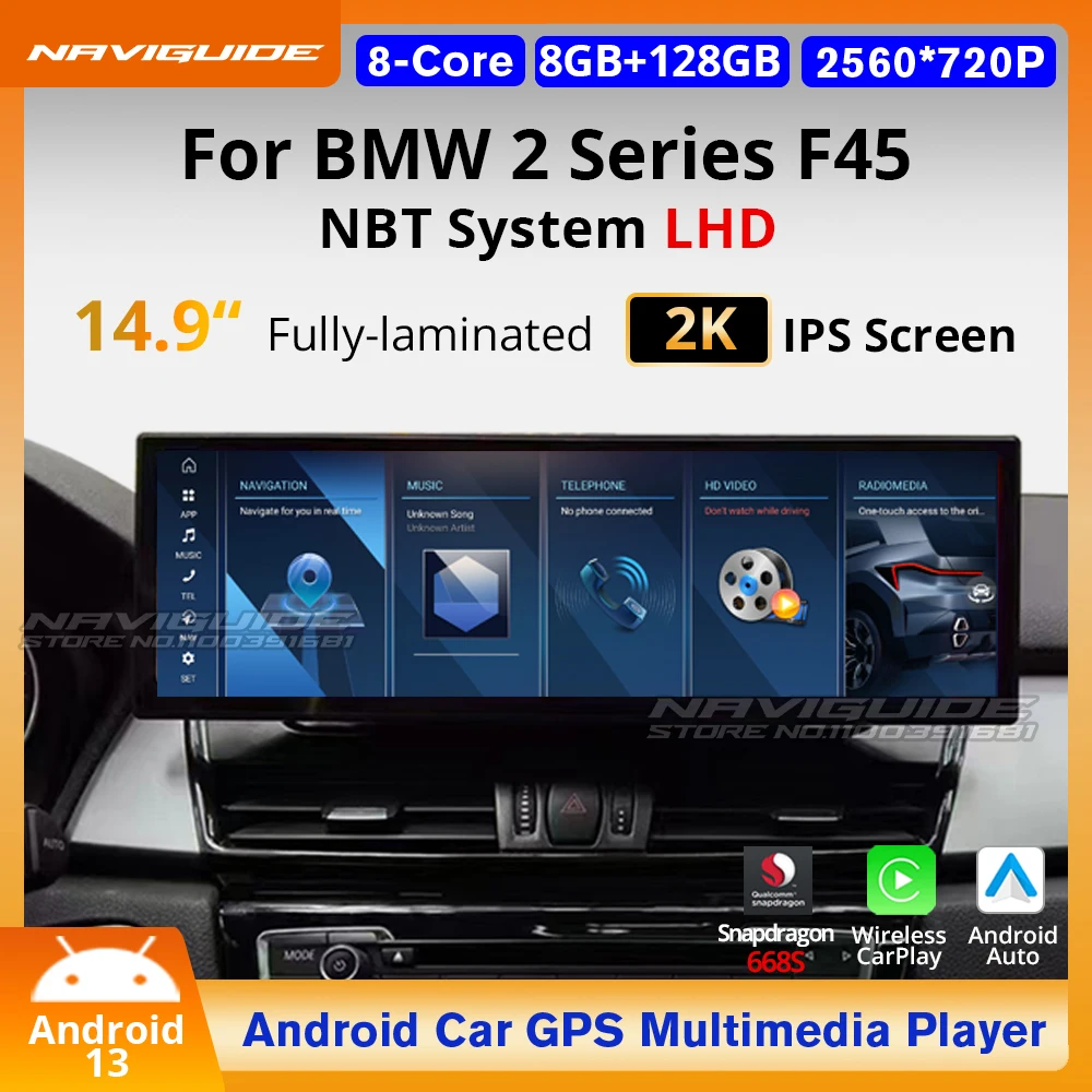 NAVIGUIDE 14.9'' Android 13 Wireless Carplay Auto Car Multimedia Player For BMW 2 Series F45 LHD NBT System GPS Navigation BT HU