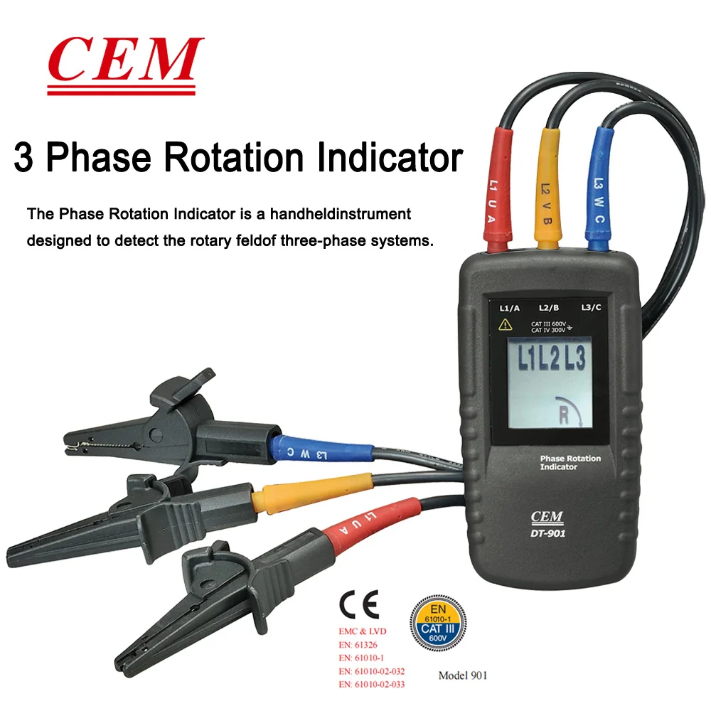 

CEM AC 3-Phase Rotation Meter DT-901 with LCD Display Phase Rotation Tester Indicator Detector Meter40V~690V (3 Phase AC)