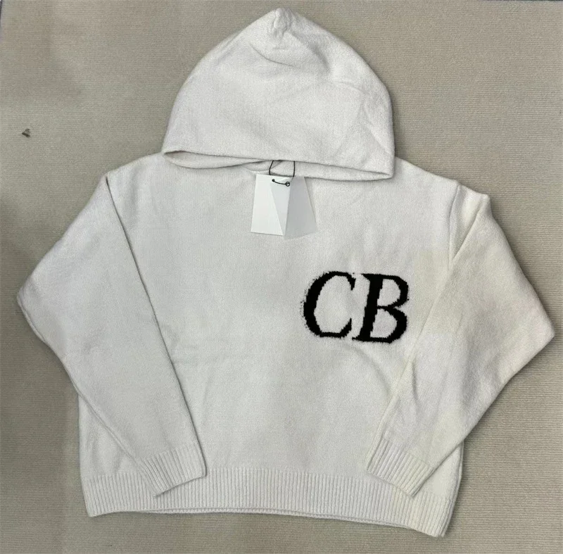 

25ss Jacquard CB White Knitted Hooded Sweaters Oversized Mens Knit Hoodies Top Quality Womens Casual Sweaters