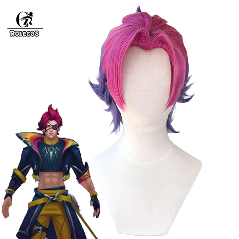 

ROLECOS Shieda Kayn Cosplay Wigs Game LOL Heartsteel Shieda Kayn 30cm Red Mixed Purple Men Wig Heat Resistant Synthetic Hair