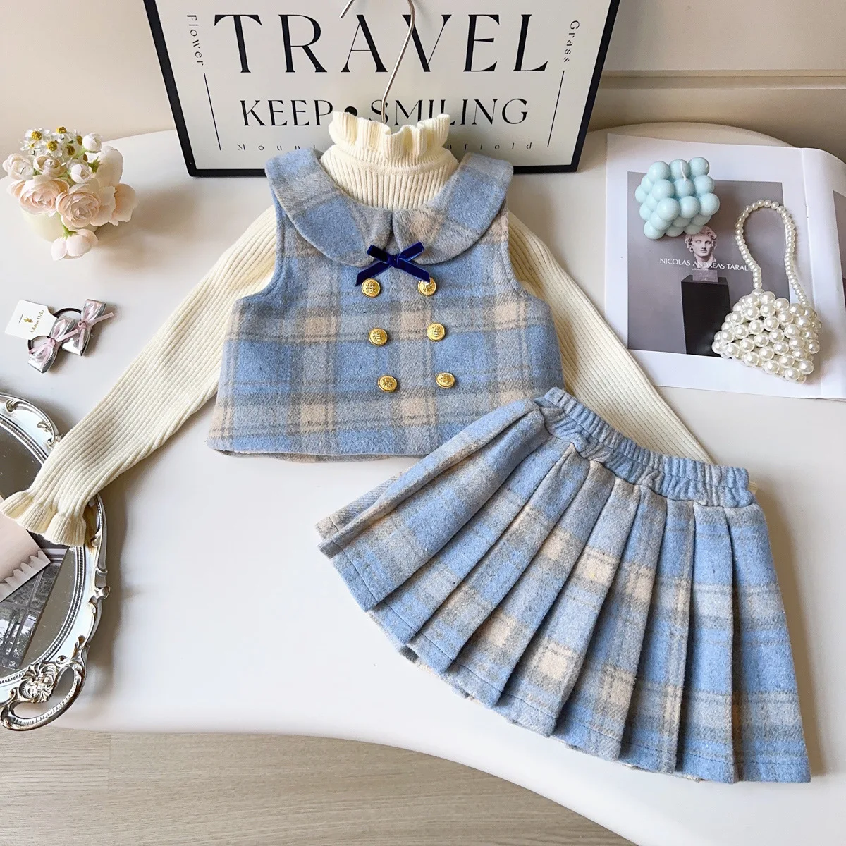 

Girl Clothes Sets Kids Baby Girl Autumn Winter Thicken Warm Plaid Clothing Suit Children Girl Woolen Vest and Dress 2pcs Suit