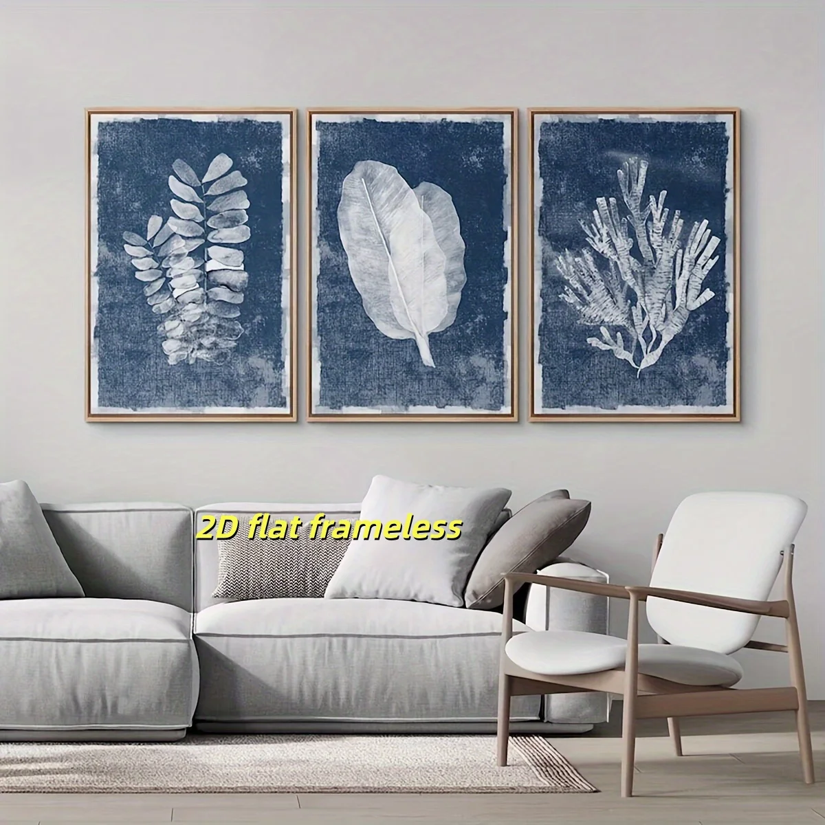 3 Navy Blue Tropical Leaves Coastal Coral Flowers and Plant Printed Posters, Simple Modern Home Decoration 2D Flat Printed Frame