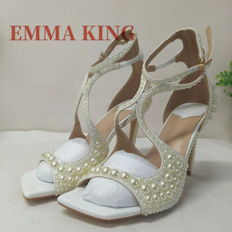 Luxury Pearl Embellished Sandals,Square Open Toe Stiletto Sandals,Women Cutout Ankle Buckle High Heels,Elegant White Bridal Shoe