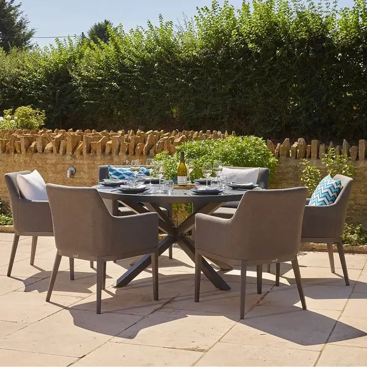 Aluminium Outdoor Furniture Set Garden Table With Round Ceramic Glass Tabletop And Chairs Patio 6 Seat Fabric Dining Set