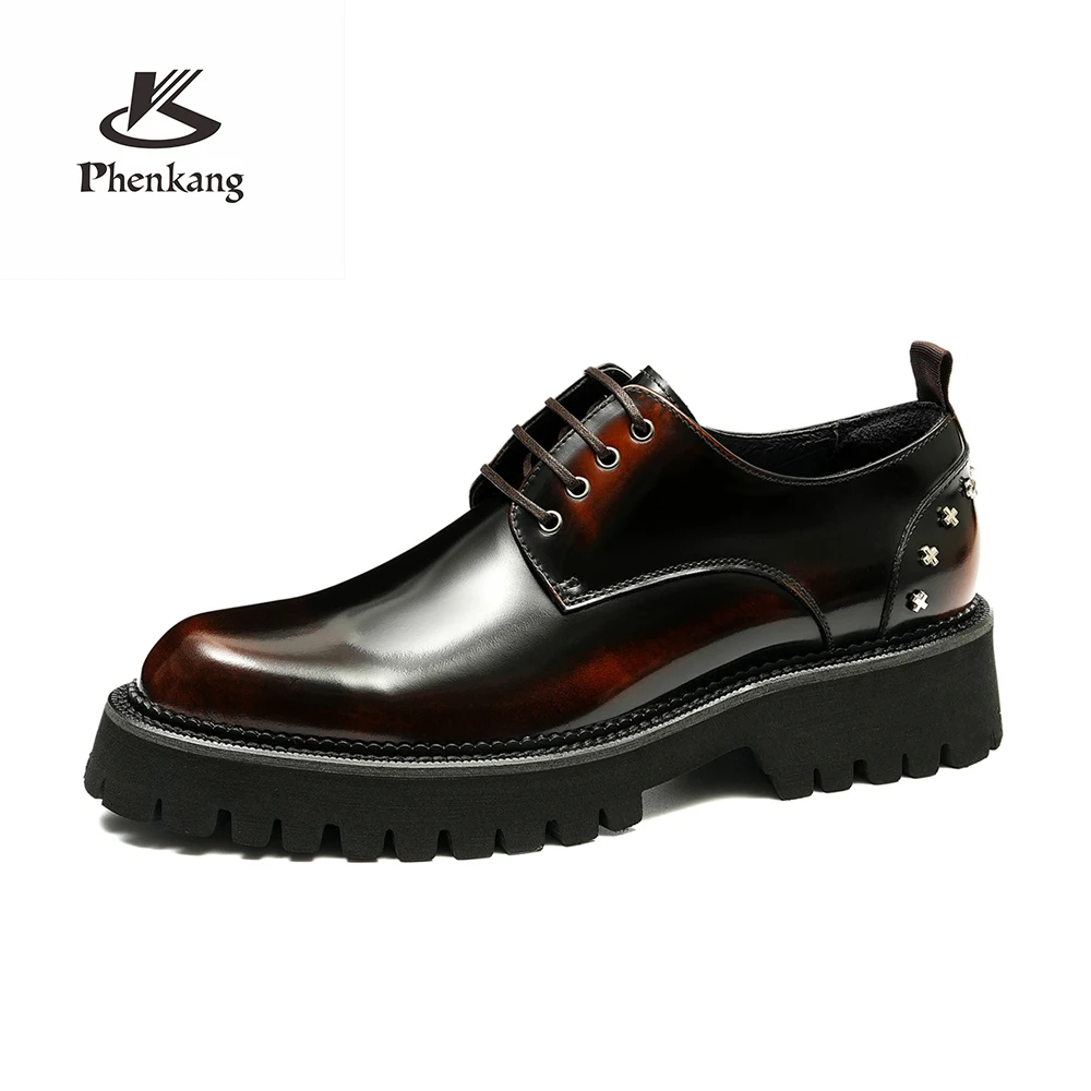 Men Leather Derby Shoes Punk Rivet Platform Dress Shoes Thick Sole Height Increasing Lace Up Formal Business Oxford Footwear