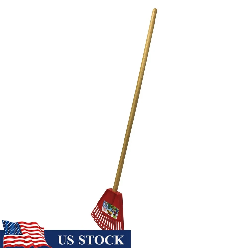 

Kids Garden Leaf Rake Child Safe Tool Durable Plastic Bright Color Wooden Handle Outdoor Gardening Fun Learning 36 Inch Long