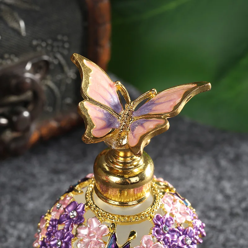 Gold Purple Pink Flowers Glass Perfume Bottle With Metal Butterfly Lid Empty Refillable 25ml Round Frost Fragrance Containers