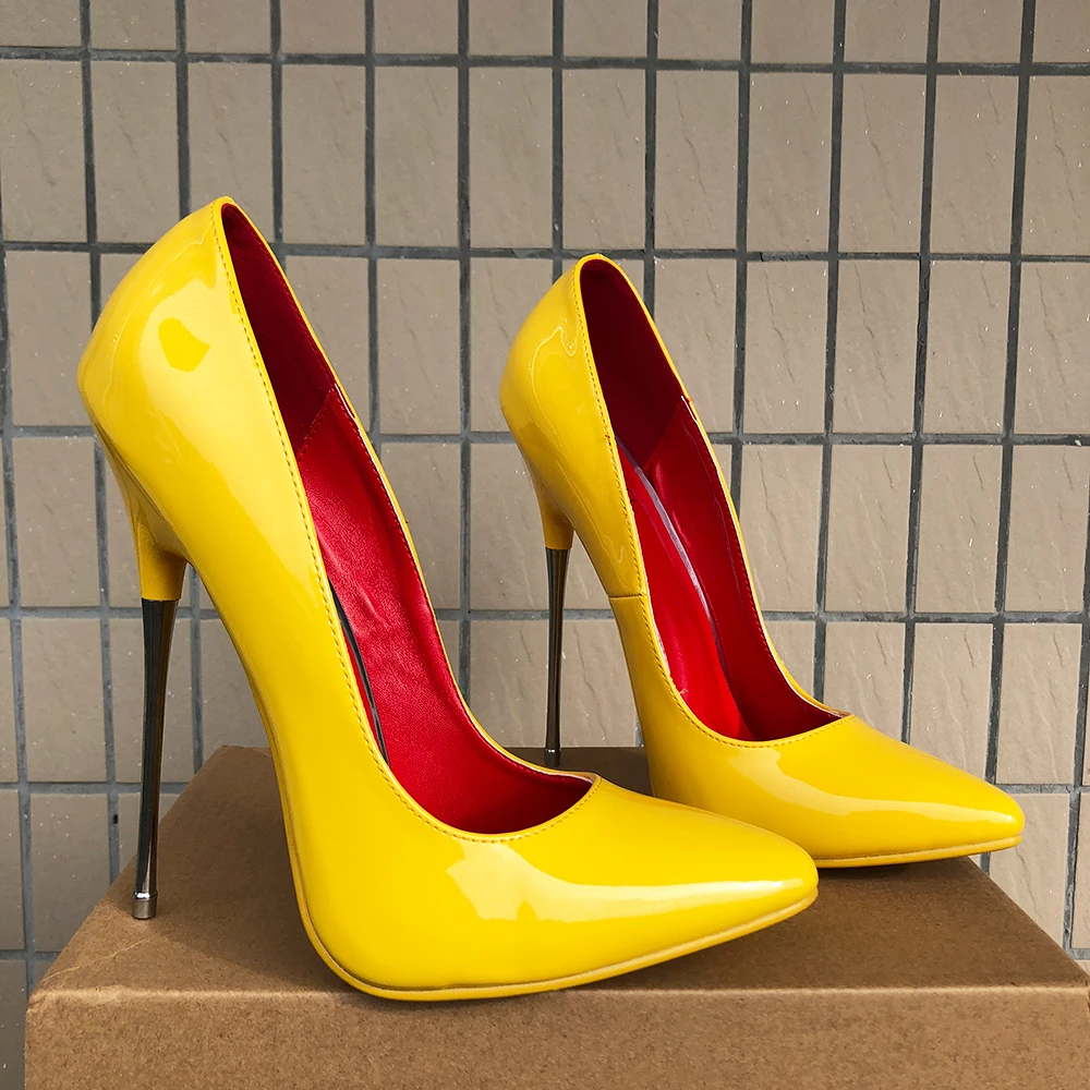 NEWLY 16cm Ultra High Metal Heels Sexy Pointy Toe Stilettos Pumps Women Yellow Slip On Night Club Fetish Stage Man Unisex Shoes