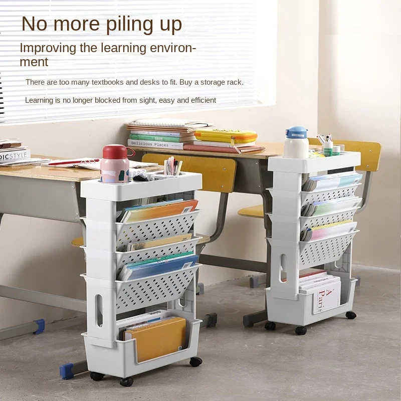 Movable Bookshelf with Wheels 5 Layer Table Side Bookcase Classroom Magazine Rack Desk OrganizerRolling Bookshelf Storage