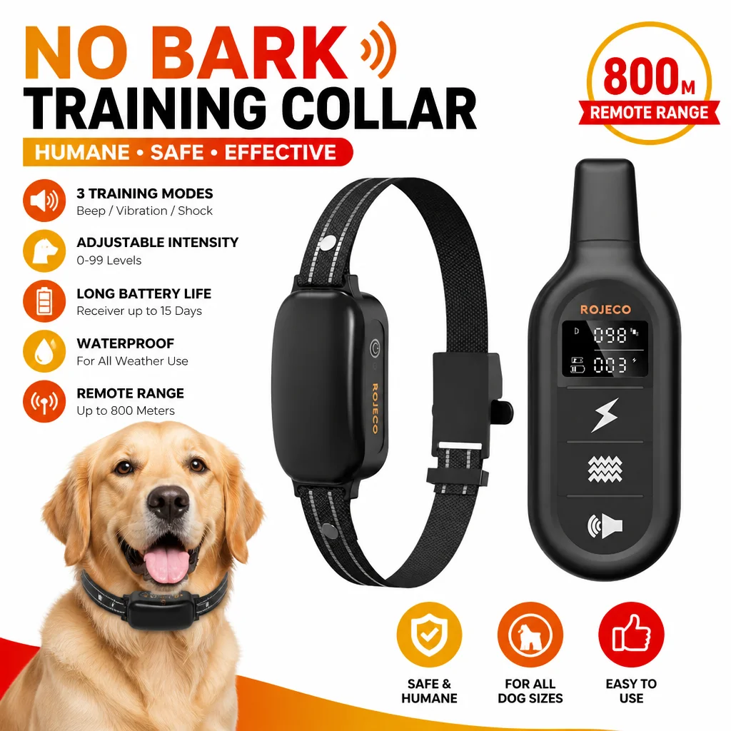 800M Remote Dog Training Collar Waterproof Beep Vibration Shock Anti‑Bark Pet Training Collar For All Dog Sizes