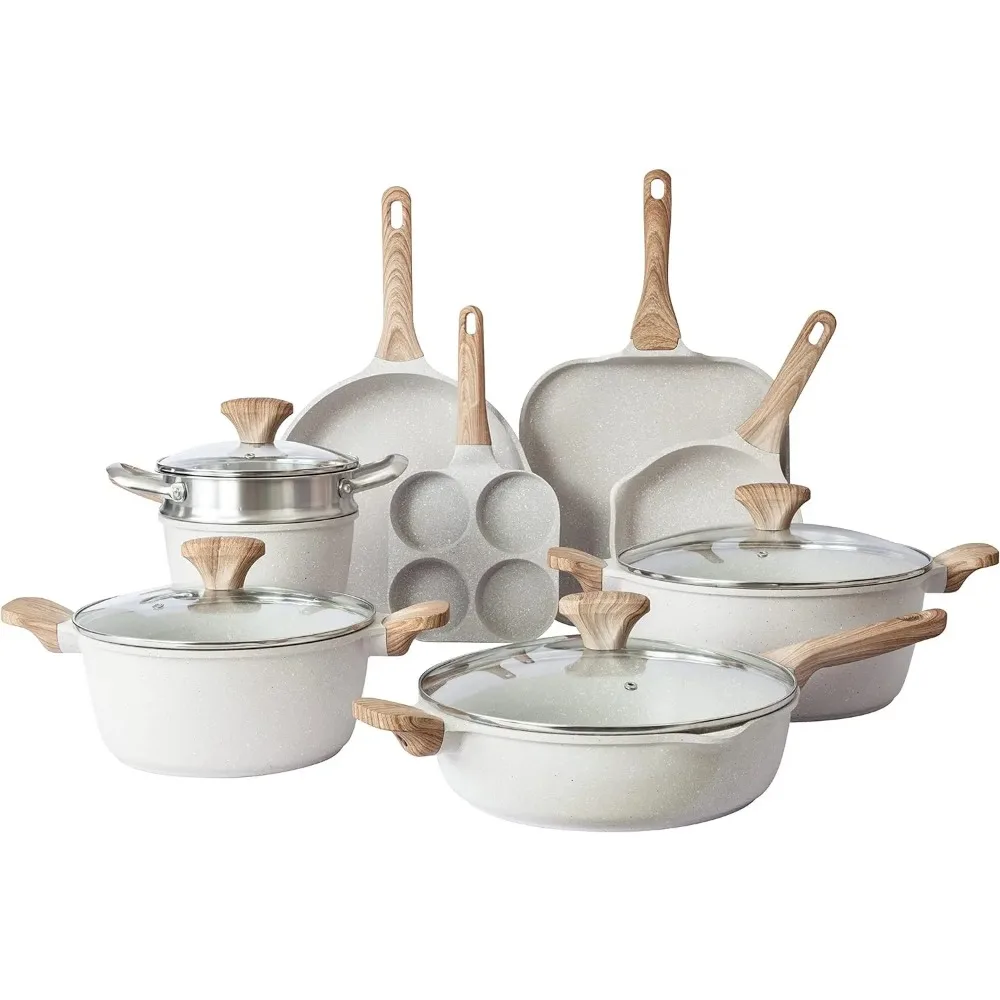 Induction Cookware Sets - 6/8/11/13/15 Piece Nonstick Cast Aluminum Pots and Pans with BAKELITE Handles, Glass Lids -Cream