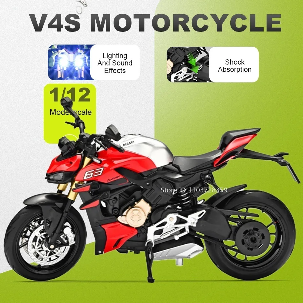 

Модель мотоцикла V4S R3 в масштабе 1:12, литая из сплава, с амортизацией, поворотным рулем, звуком и светом, для декора дома