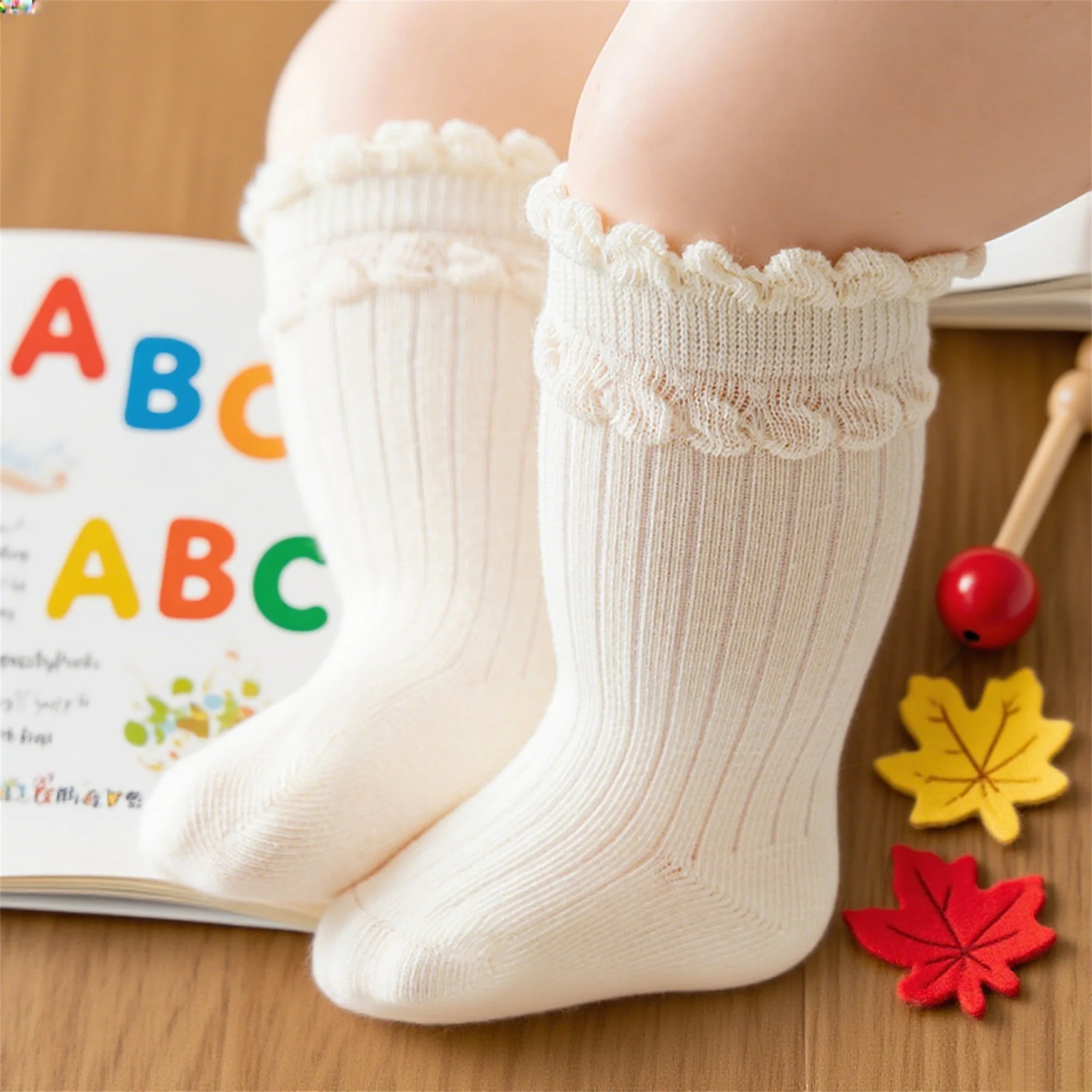 

Baby Knee High Socks Cute Soft Stylish Solid Color Ruffled Trim Infant Long Socks for Fall and Winter