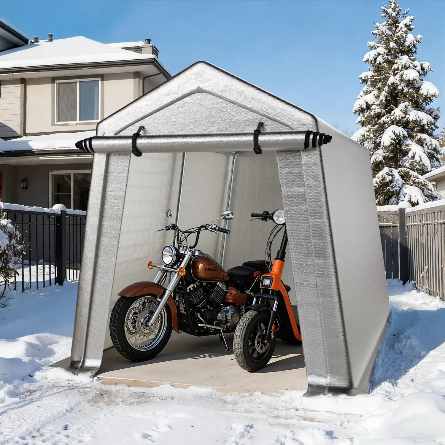 

7 x 12 FT Carport, Portable Shed w/220G Heavy Duty Waterproof PE Tarp, Roll-up Zipper Door & Vent, Weather-Resistant Storage