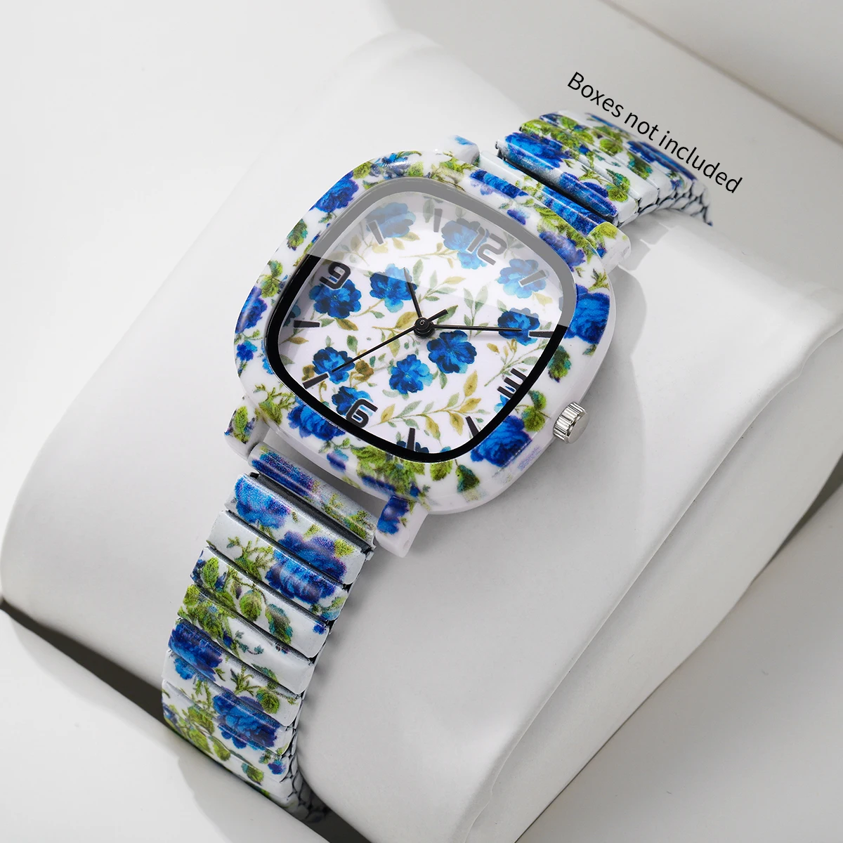 Fashion Square Women Quartz Watch Elastic Stretch Strap Floral Printed Wristwatch Girls Gift Relogio Feminino（Without Box）