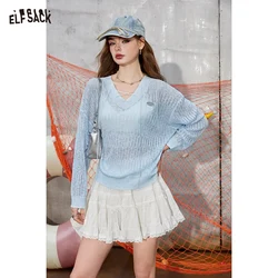 ELFSACK 2024 Summer New Arrivals V-neck hollowed out breathable knitted shirt for women, lazy chiffon cover shirt, air-condition