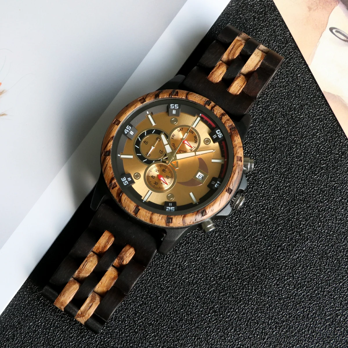 Wood Wrist Watches for Men Fashion Multifunction Golden Face Quartz Wristwatches Personalized Men's Anniversary Customized Gifts