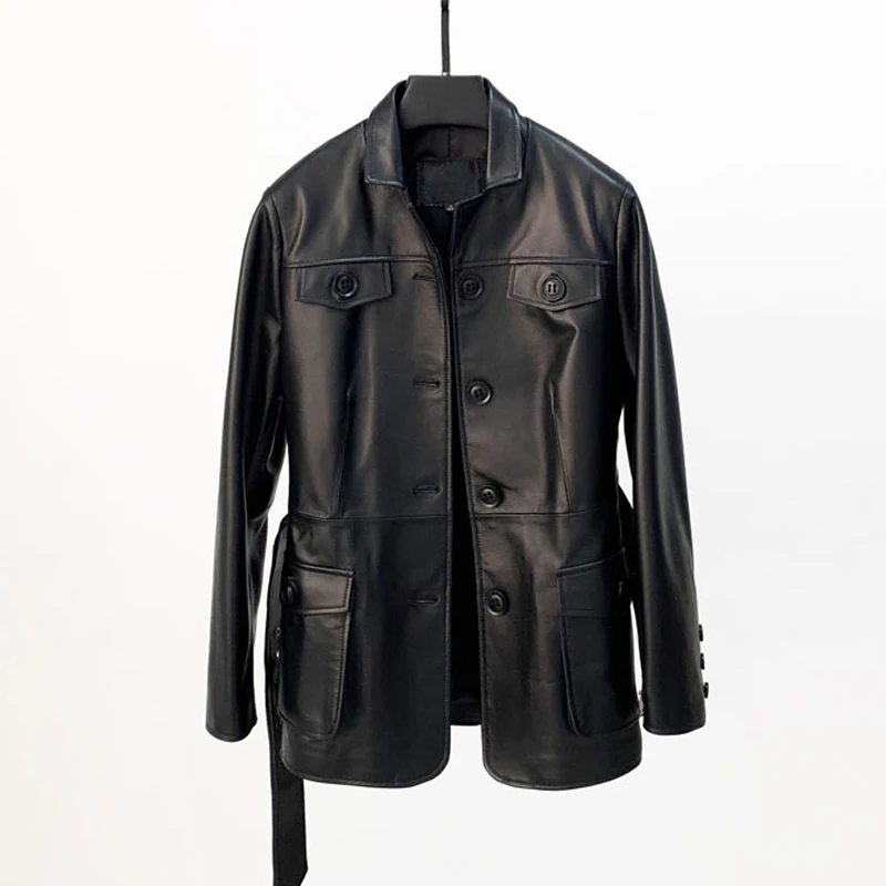 100% Real Leather Jacket Women Mid-length Lace-up Belt Slim Waist Coats Fashion Single-breasted Female Casual Sheepskin Coats