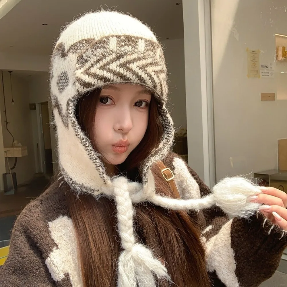 Face Slimming Ear Flap Hat 56cm to 58cm Ear Protection Thick Warm Trapper Hat Fair Isle Pattern Acrylic Wool Blend Hat