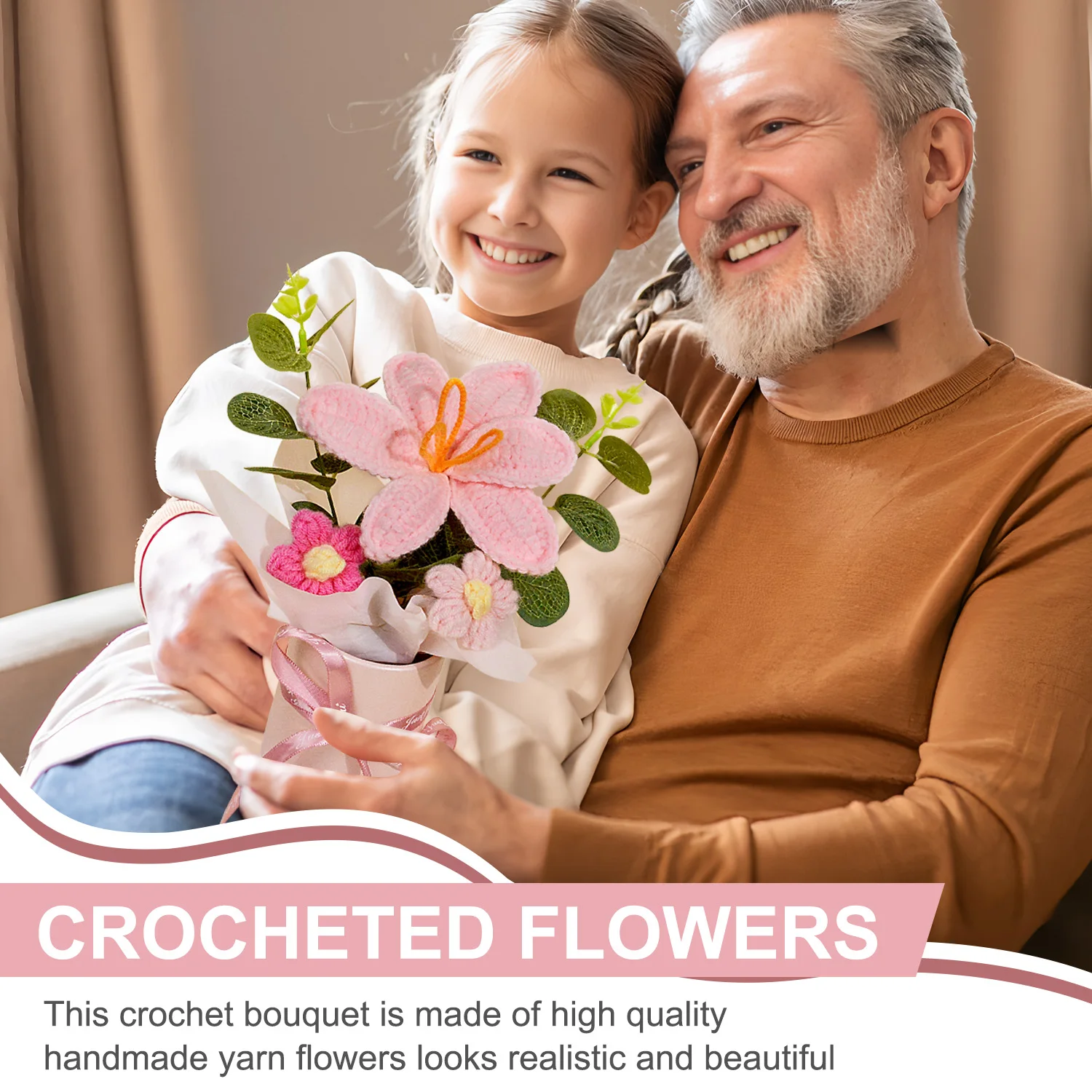 1 قطعة باقات زهرة الكروشيه اليدوية ، الكروشيه محبوك النسيج الوردي توليب باقة للديكور المنزل وهدية للمرأة زوجة أمي