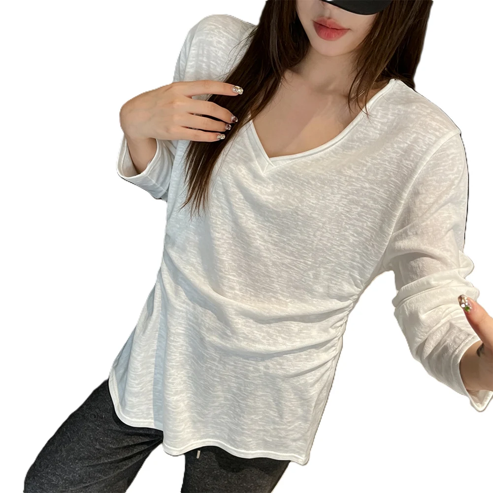 Solid Color Womens V Neck Loose Long Sleeve Polyester T Shirt Four Season Base For Top for Daily Home and Holiday Wear