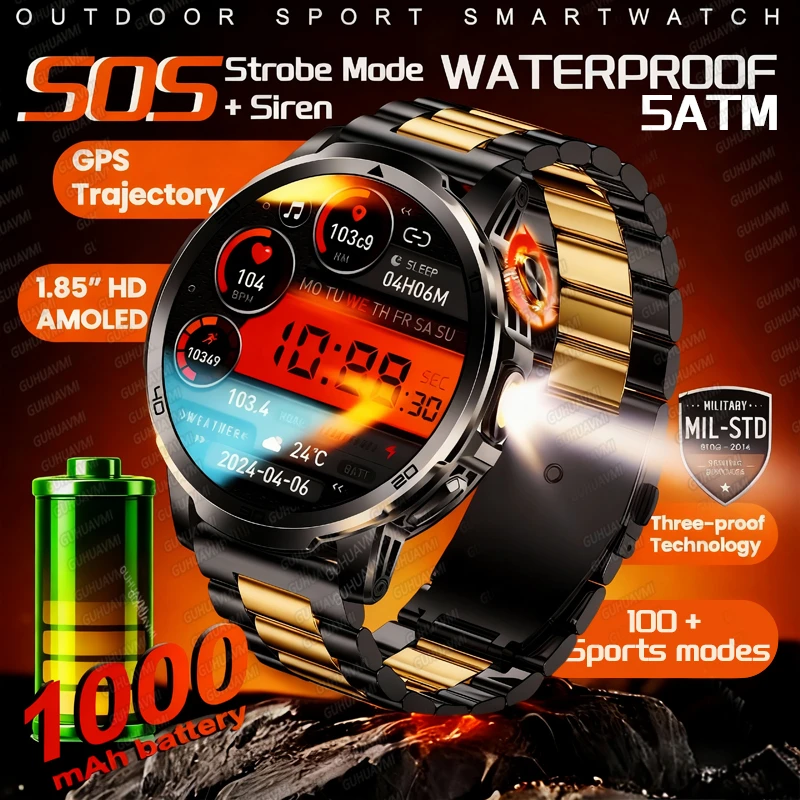 

New 1.85-inch Outdoor Men Smart Watch Built-in Red and White LED Flashlight SOS Siren 1000Mah Battery Smartwatch 5ATM Waterproof
