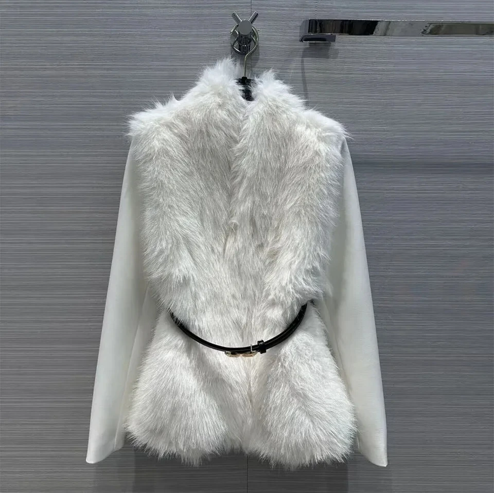 New Spring Fashion Elegant Lady Faux Fur Patchwork Long Sleeve Jacket Women Slim Butterfly Belt Streetwear Coat