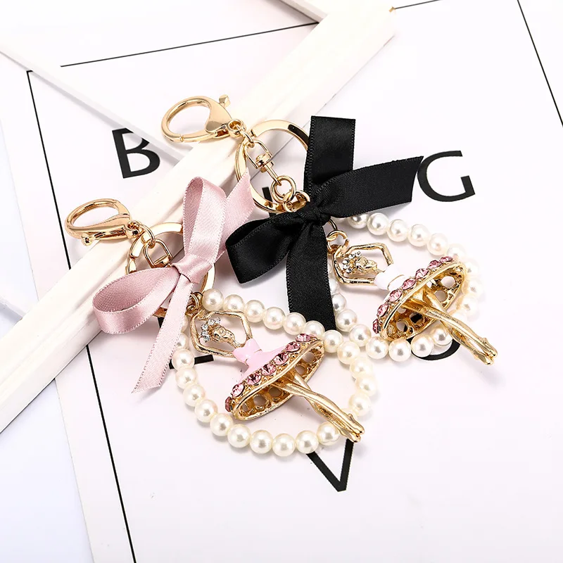 Crystal Delicate Bow Pearl Ballerina Girl Key Chain Pendant Rhinestone Women Handbag Car Key Chains Beautiful Girls Bag Pendant