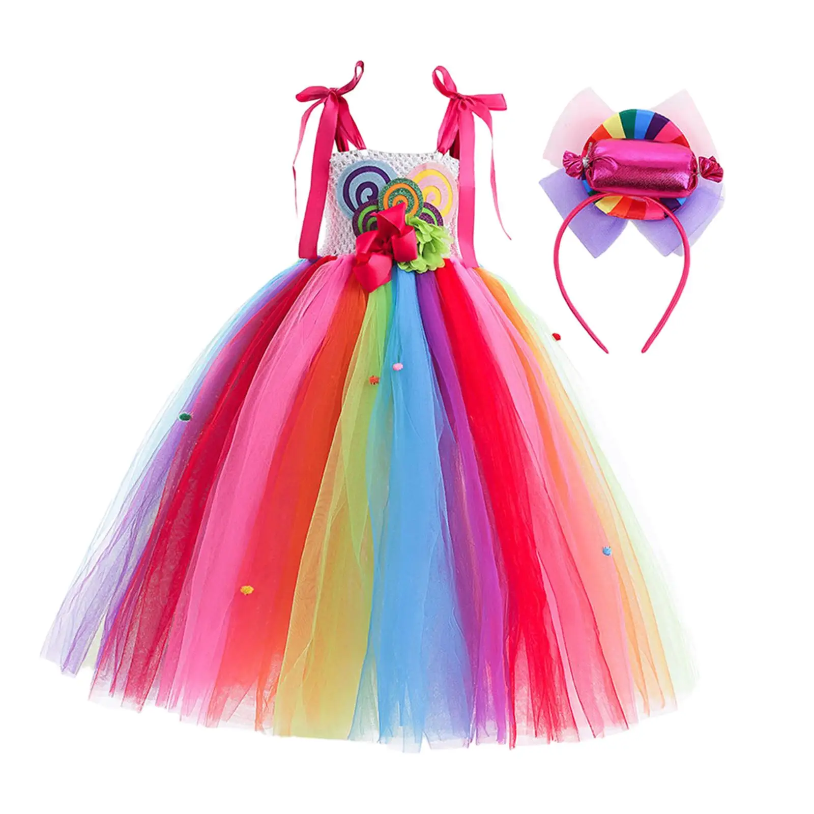 Gonna da ballo glitterata per bambini Abito lecca-lecca a tema caramelle Costume da principessa senza maniche Poliestere multicolore con fascia per eventi
