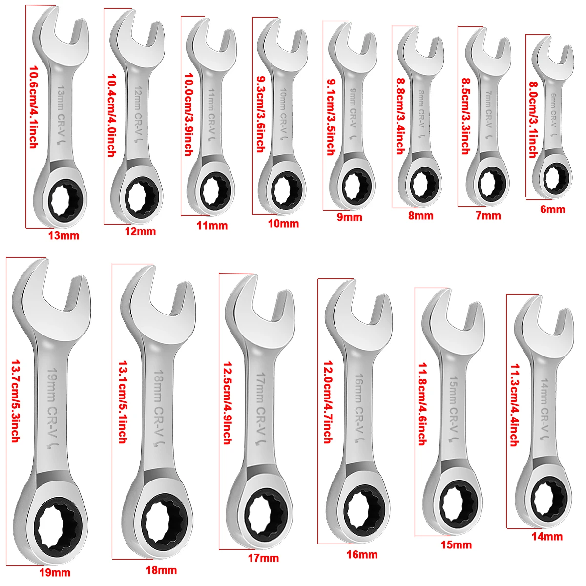 Stubby Ratcheting Combination Wrench Set, 6-19mm Metric Chrome Vanadium Steel Ratchet Wrenches, 72-Teeth, 12-Point Box End